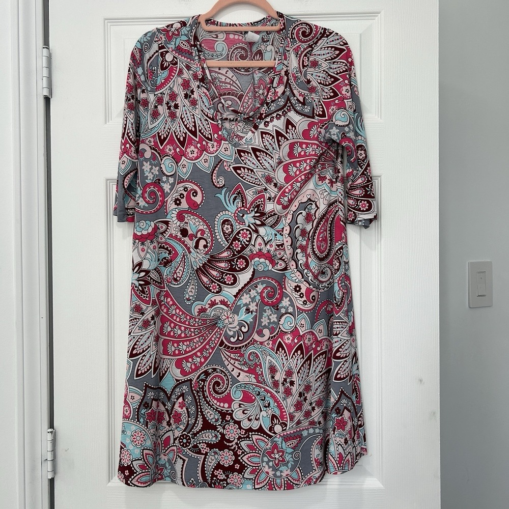Honeyme Women's Size Small V-neck Dress 1/2 sleeve Paisley Print Gray‎ Pink EUC